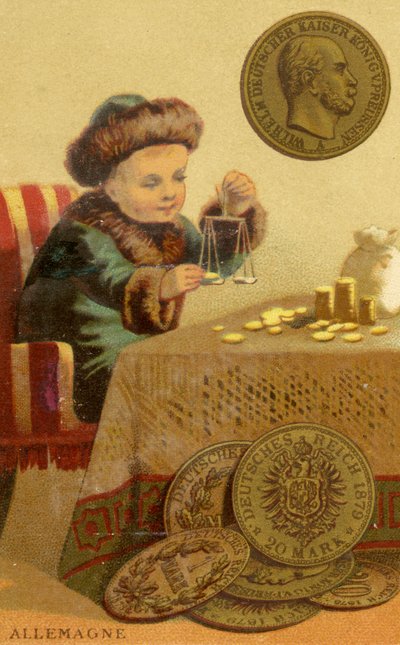 Junger deutscher Bankier, der Deutschmarks wiegt, aus einer Serie von Werbekarten über Währungen in verschiedenen Ländern, veröffentlicht in Paris von Baster & Vieillemard für den Schokoladenhersteller Chocolat von French School