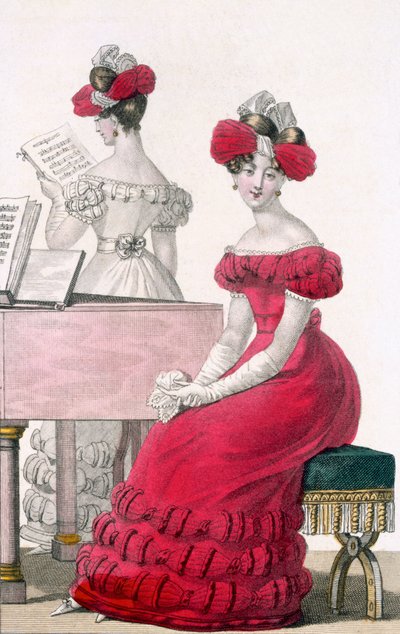 Junge Frau in einem Krepp-Abendkleid mit aufwendigem Kopfschmuck, Anzeige in Modes de Paris, ca. 1825 von French School