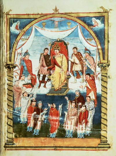 König Karl II. erhält eine Bibel von Graf Vivian und den Mönchen von Saint-Martin de Tours, aus der ersten Bibel von Karl dem Kahlen, ca. 843-51 von French School