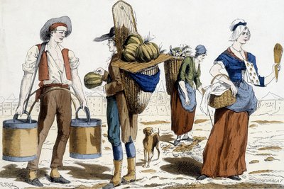 Illustration von Pariser Kostümen im 18. Jahrhundert: Wasserträger, Melonenhändler, Lumpensammler, Vergnügungshändler. von French School