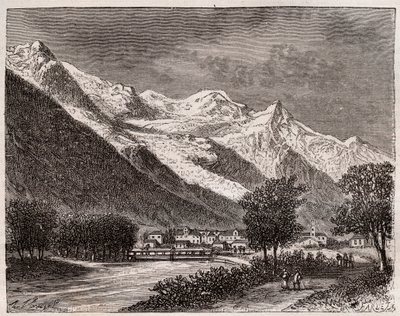 Das Tal von Chamonix und der Mont Blanc - Gravur in „La France illustree: geographie, histoire, administration statistique“ von V.A. Malt-Brown. 1884 von French School