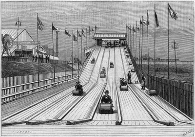 Achterbahn oder Toboggan, betrieben auf der Liverpool Ausstellung (Großbritannien), nach einem Foto. Gravur in „La Nature. Revue des sciences et de ses applications aux arts et à l