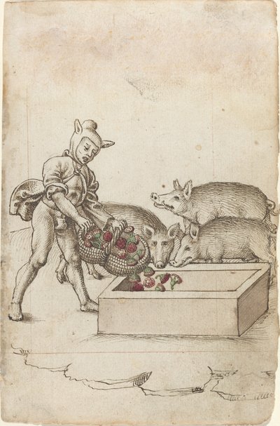 Ein Narr, der Schweinen Blumen füttert [fol. 42 recto] von French early 16th Century