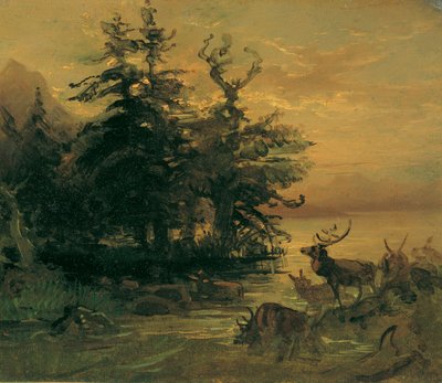 Suhlende Hirsche am Ufer eines Bergsees von Friedrich August Mathias Gauermann