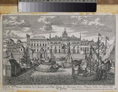 Plan von Genua mit der Darstellung der Königlichen Brücke, der Neuen Brücke von Mercanzia und dem Palast von St. Georg vom Meer aus gesehen (Stich) von Friedrich Bernhard Werner