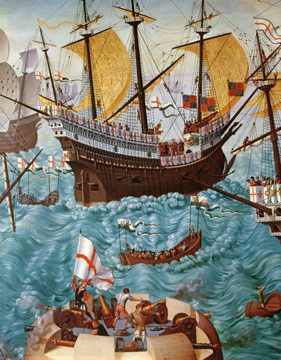 Einschiffung von Heinrich VIII. auf der Henry Grace a Dieu im Jahr 1520, kopiert von einem Gemälde von Vincent Volpi (Detail) von Friedrich Bouterwek