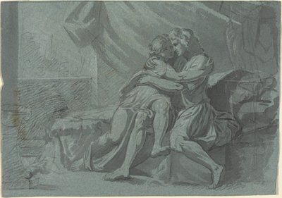 Umarmende Liebende in klassischer Kleidung / Eine Frau in klassischer Kleidung schaut nach oben von Friedrich Heinrich Füger after Raphael