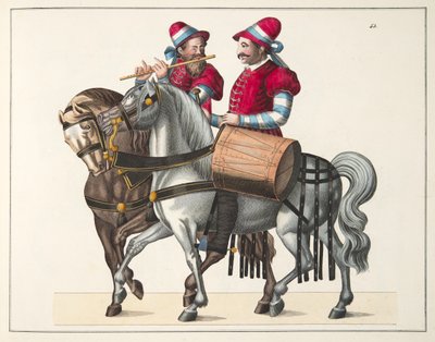 Zwei Musiker bei einem Turnier, Platte aus Eine Geschichte der Entwicklung und Bräuche der Ritterlichkeit, von Dr. Franz Kottenkamp, veröffentlicht von Carl Hoffmann, 1842 von Friedrich Martin von Reibisch