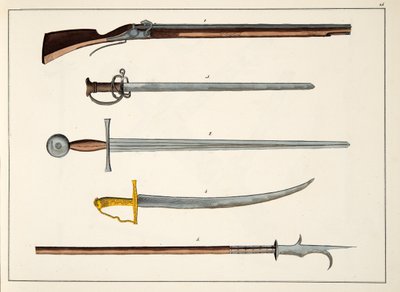 Waffen einschließlich Schwerter und Speere, ca. 1400, Tafel aus A History of the Development and Customs of Chivalry, von Dr. Franz Kottenkamp, veröffentlicht von Carl Hoffmann, 1842 von Friedrich Martin von Reibisch