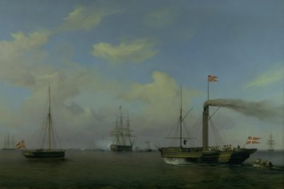 Das dänische Geschwader vor Anker auf der Reede von Warnemünde. Ihre königlichen Hoheiten der Kronprinz und die Kronprinzessin kommen mit dem Dampfschiff "Kiel" zum Geschwader, und das Kriegsschiff "Christian der Achte" beginnt zu salutieren von Friedrich Theodore Kloss