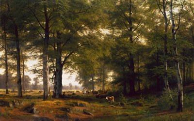 Eine bewaldete Landschaft mit einem Kuhhirten von Fritz Carl Werner Ebel