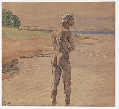Hans stehend im Wasser. Motiv von Fyns Hoved von Fritz Syberg