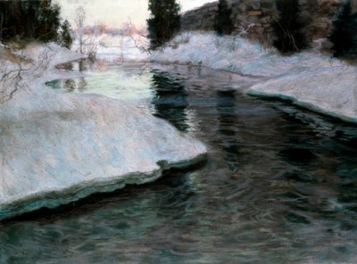 Das Tauen des Eises: der Fluss Lysaker. Gemälde von Fritz Thaulow (1847-1906). Pastell auf Leinwand. Private Sammlung. von Fritz Thaulow