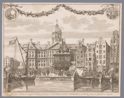 Menschenmenge auf dem Dam in Amsterdam feiert die Proklamation von Wilhelm IV. als Statthalter von G.J. Marstaller