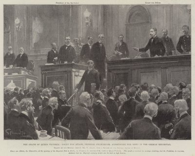 Der Tod von Königin Victoria, Graf von Bülow, Reichskanzler, verkündet die Nachricht im Deutschen Reichstag von G.S. Amato