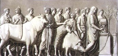 Basrelief eines Stiers, eines Widders und eines Ebers, die zu einem Votivaltar geführt werden, aus 