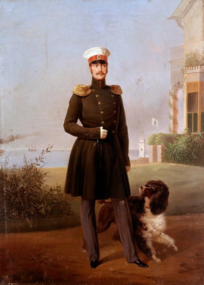 Ganzkörperporträt des russischen Zaren Nikolaus I. (1796-1855) in Peterhof Gemälde von Georg Botmann (19. Jahrhundert). 19. Jahrhundert. St. Petersburg. Schloss Peterhof von G. Botmann