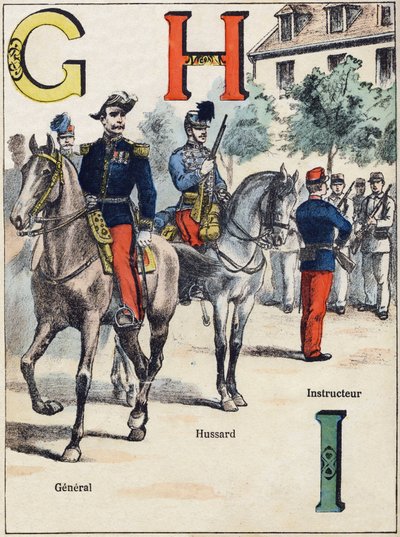 Buchstaben G H I: General, Husar und Ausbilder. Gravur in "Alphabet militaire", Grand-Bebe-Serie. Gravur. Pont-a-Mousson Imaging. Louis Vagne, Drucker-Verleger, um 1900. Illustrationen von G. Dascher. 20 Seiten. Maße: 31,5x24,5cm von G. Dascher