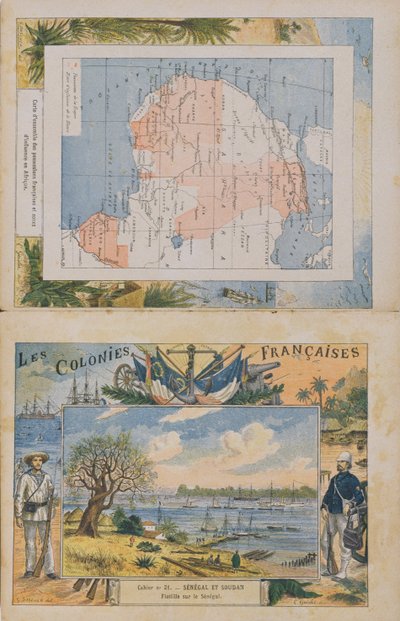 Karte der französischen Besitzungen und Einflussbereiche in Afrika und eine Ansicht des Flusses Senegal, Umschlag eines Schulheftes, späte 19. Jahrhundert von G. Dascher