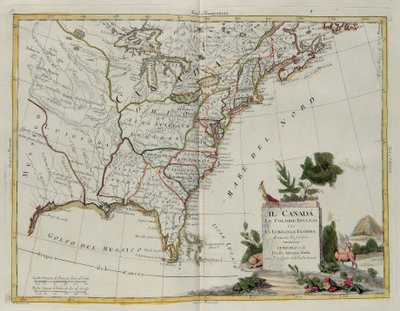 Kanada, die englischen Kolonien mit Louisiana und Florida, Stich von G. Zuliani aus Band I des Neuesten Atlas, veröffentlicht in Venedig 1778 von Antonio Zatta, Privatsammlung von G. Zuliani