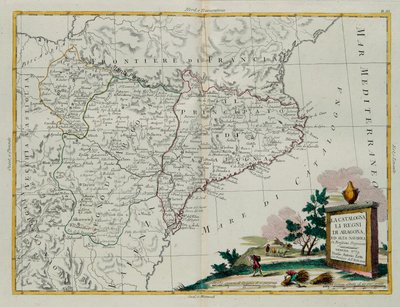 Katalonien, die Königreiche Aragon und Alta Navarra, Stich von G. Zuliani aus Band I des Neuesten Atlas, veröffentlicht in Venedig 1775 von Antonio Zatta, Privatsammlung von G. Zuliani
