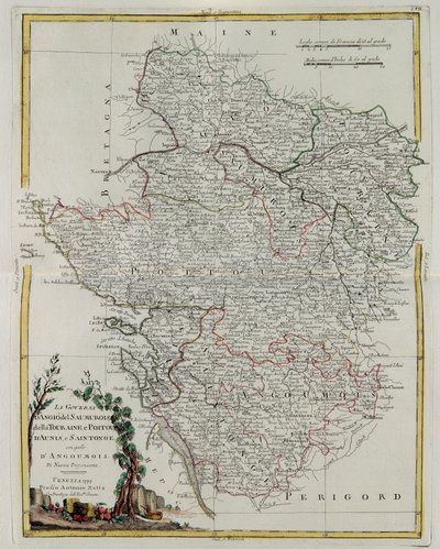 Die Gouvernements von Anjou, Saumurois, Touraine und Poitou, Aunis und Saintonge mit Anjoumois, Stich von G. Zuliani aus Band I des Neuesten Atlas, veröffentlicht in Venedig 1777 von Antonio Zatta, Privatsammlung von G. Zuliani