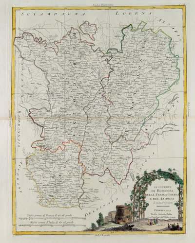 Die Gouvernements von Burgund, Franche-Comté und Lyon, Stich von G. Zuliani aus Band I des Neuesten Atlas, veröffentlicht in Venedig 1777 von Antonio Zatta, Privatsammlung von G. Zuliani