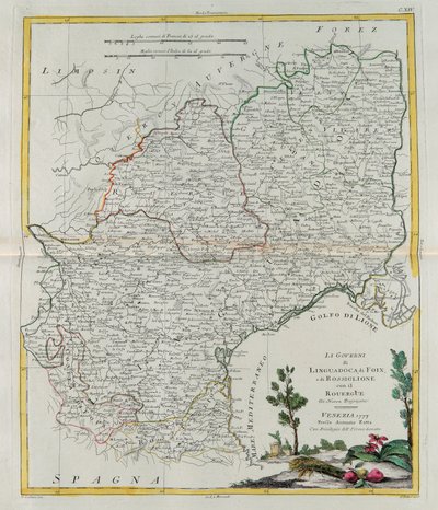 Die Gouvernements von Languedoc, Foix und Roussillon mit Rouergue, Stich von G. Zuliani aus Band I des Neuesten Atlas, veröffentlicht in Venedig 1777 von Antonio Zatta, Privatsammlung von G. Zuliani