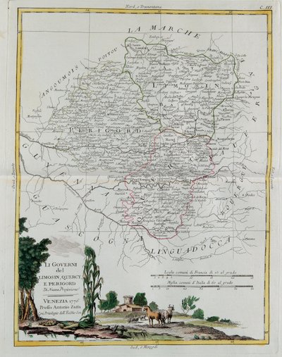 Die Gouvernements von Limousin, Quercy und Périgord, Stich von G. Zuliani aus Band I des Neuesten Atlas, veröffentlicht in Venedig 1776 von Antonio Zatta, Privatsammlung von G. Zuliani