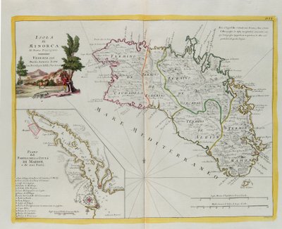 Insel Menorca und der Plan des Hafens und der Stadt Mahon und ihrer Festungen, Stich von G. Zuliani aus Band I des "Neuesten Atlas" veröffentlicht in Venedig 1778 von Antonio Zatta, Privatsammlung von G. Zuliani