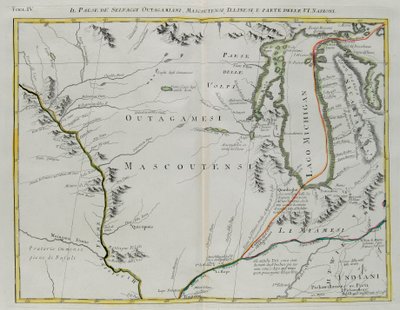 Land der Outagamie, Mascoutin, Illinois-Indianer und Teil der Sechs Nationen, Stich von G. Zuliani aus Band I des "Neuesten Atlas" veröffentlicht in Venedig 1778 von Antonio Zatta, Privatsammlung von G. Zuliani