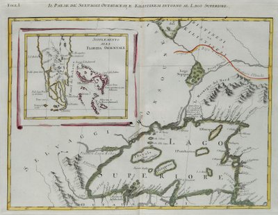 Land der Ottawa- und Kilistine-Indianer um den Oberen See und ein Zusatz von Ostflorida, Stich von G. Zuliani aus Band I des "Neuesten Atlas" veröffentlicht in Venedig 1778 von Antonio Zatta, Privatsammlung von G. Zuliani