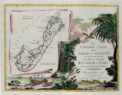 Die Inseln Bermuda und das Frontispiz des Abschnitts über die Vereinigten Kolonien Nordamerikas, Stich von G. Zuliani aus Band I des "Neuesten Atlas" veröffentlicht in Venedig 1778 von Antonio Zatta, Privatsammlung von G. Zuliani