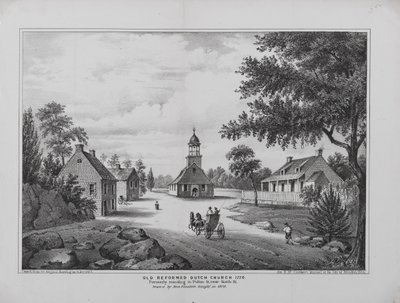 Alte reformierte niederländische Kirche im Jahr 1776, gezeichnet von Miss Elizabeth Sleight im Jahr 1808, gedruckt für H. McCloskeys Handbuch der Stadt Brooklyn, 1864 von G. after Hayward