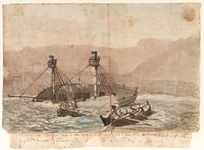 Die Expeditionsbrigg, wie sie auf der westlichen Spitze der Insel Sta Cruiz Teneriffa im Dezember 1774 gestrandet ist von Gabriel Bray