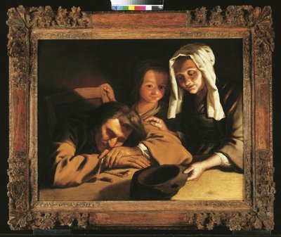 Ein Kerzenlicht-Interieur mit Figuren um einen Tisch von Gabriel Gresly