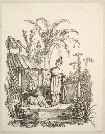 Ein sitzender chinesischer Mann und eine Frau, die einen Fisch trägt, ca. 1742 von Gabriel Huquier