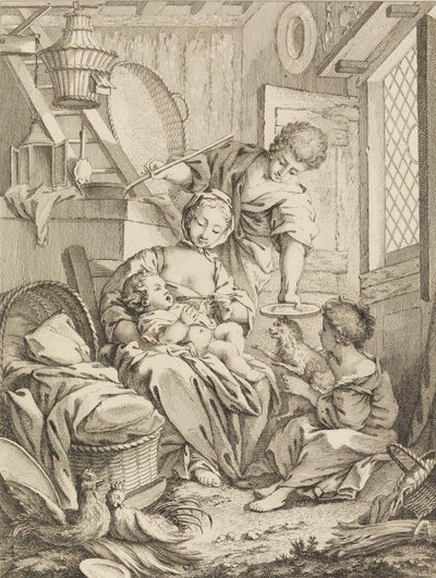Tafel 1: Junge Frau füttert ihr Kind, aus Premier Livre de Sujets et Pastorales Fi... von Gabriel Huquier