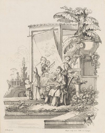 Sitzende Frau mit Kindern und Dienern, ca. 1738-45 von Gabriel Huquier
