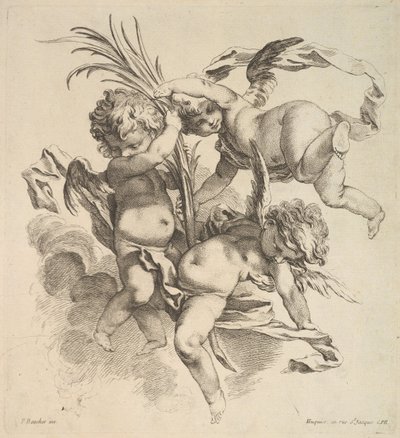 Drei Kinder unter Wolken in der Nähe eines Palmblattes, 1738-45 von Gabriel Huquier