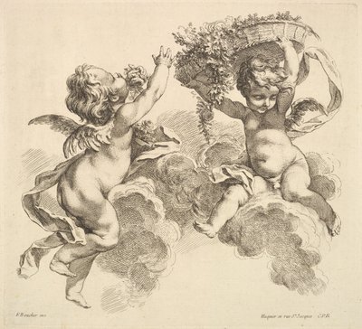 Zwei Kinder, eines hält einen Korb mit Blumen, 1738-45 von Gabriel Huquier