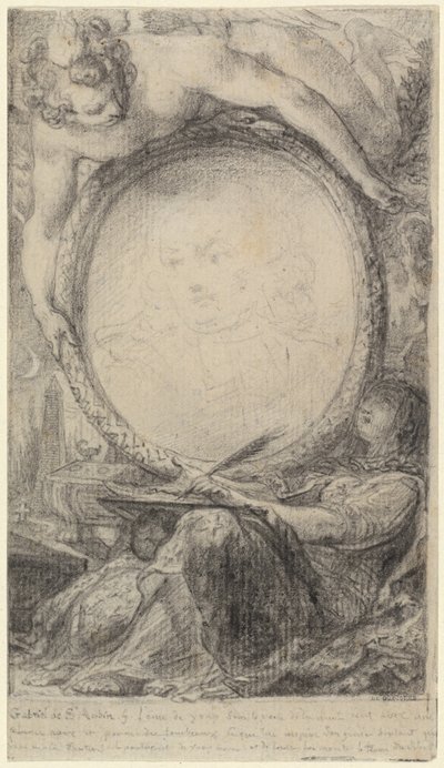 Allegorischer Rahmen mit einem Genius und einer verschleierten Frau, die schreibt von Gabriel Jacques de Saint Aubin