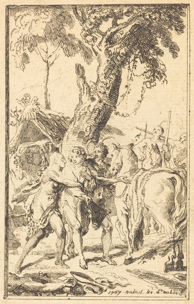Flucht von M. de Belle-Isle, Gefangener bei den Attakapas [rechts] von Gabriel Jacques de Saint Aubin