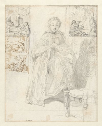 Skizzenblatt mit einer lesenden Frau und einigen Skizzen von Gabriel Jacques de Saint Aubin