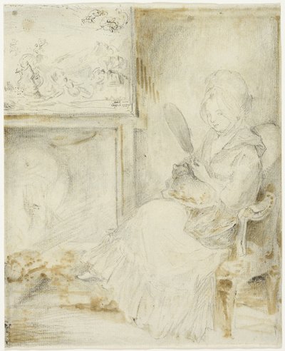 Frau sitzt mit einer Katze auf den Knien von Gabriel Jacques de Saint Aubin