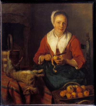 Der Apfelschäler. Eine Frau schält Äpfel zum Kochen mit einem Kaninchen. Gemälde von Gabriel Metsu (1629-1667) von Gabriel Metsu