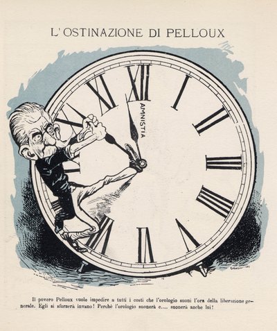 Karikatur des Präsidenten des italienischen Ministerrats Luigi Pelloux (1839-1924), der versucht, die Uhr zu halten, um die Stunde der allgemeinen Befreiung 1898 zu schlagen. Seine Regierung war sehr militaristisch und konservativ. Vignette von Gabriele Ga von Gabriele (1865-1937) Galantara