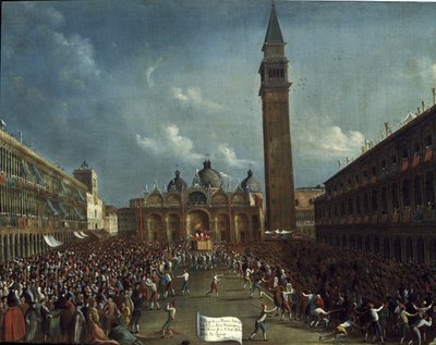 Prozession des Dogen und Geldverteilung an die Bürger auf dem Markusplatz von Gabriele Bella