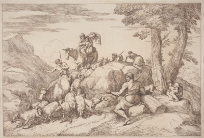 Eine pastorale Reise mit Mutter und Kind zu Pferd und einem älteren Hirten, der sitzt von Gaetano Zompini, after Giovanni Benedetto Castiglione