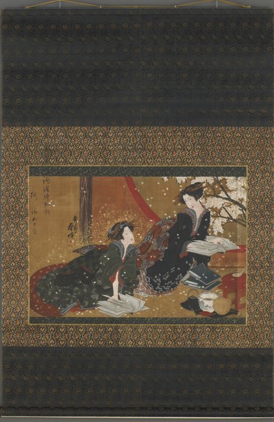 Zwei Geishas lesen aus einem Buch, Edo-Periode von Gakutei Harunobu